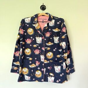 PJ Salvage Pajama Top Size XS Chinese Food Dumplings Navy Blue Pink Button Up